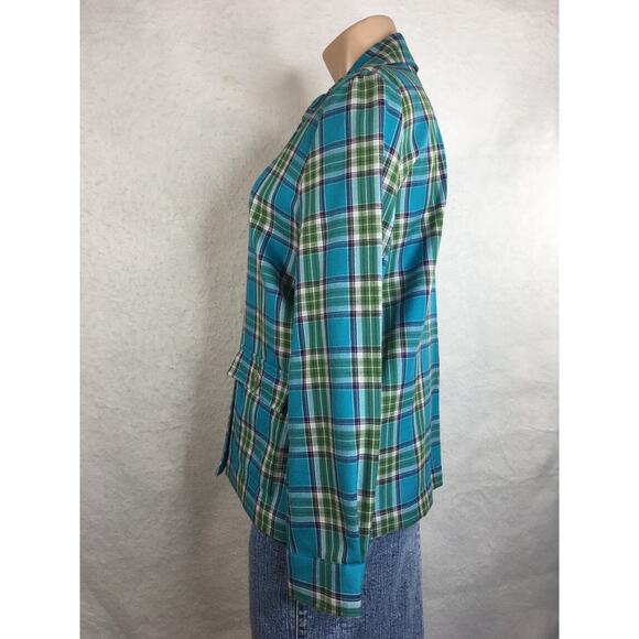 Southern‎ Lady Top Shacket Womens 8 Flannel Button Down Teal Blue & Green Plaid - Picture 7 of 15